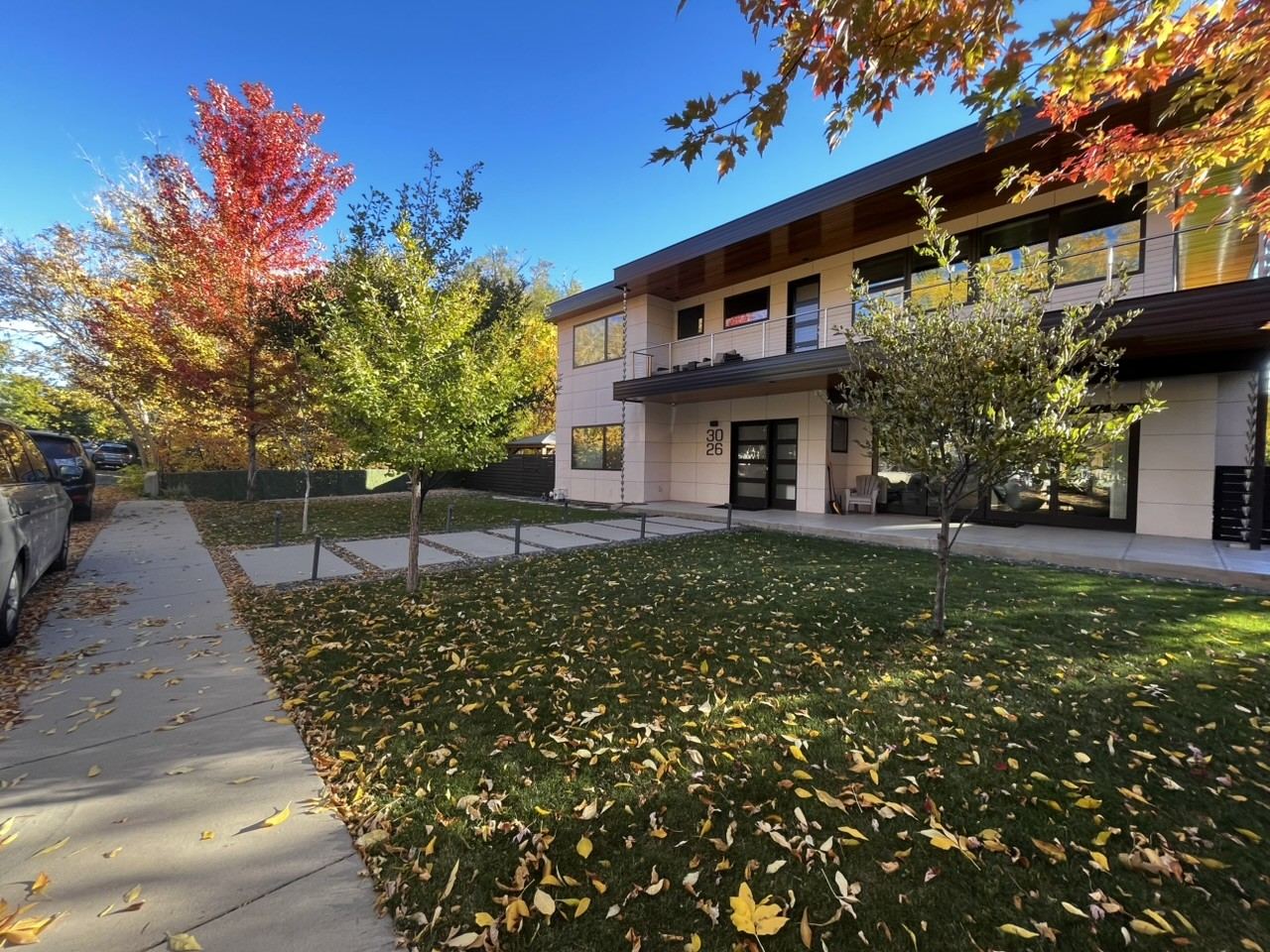 Boulder, CO whole-home remodel exterior in fall, showing new landscaping